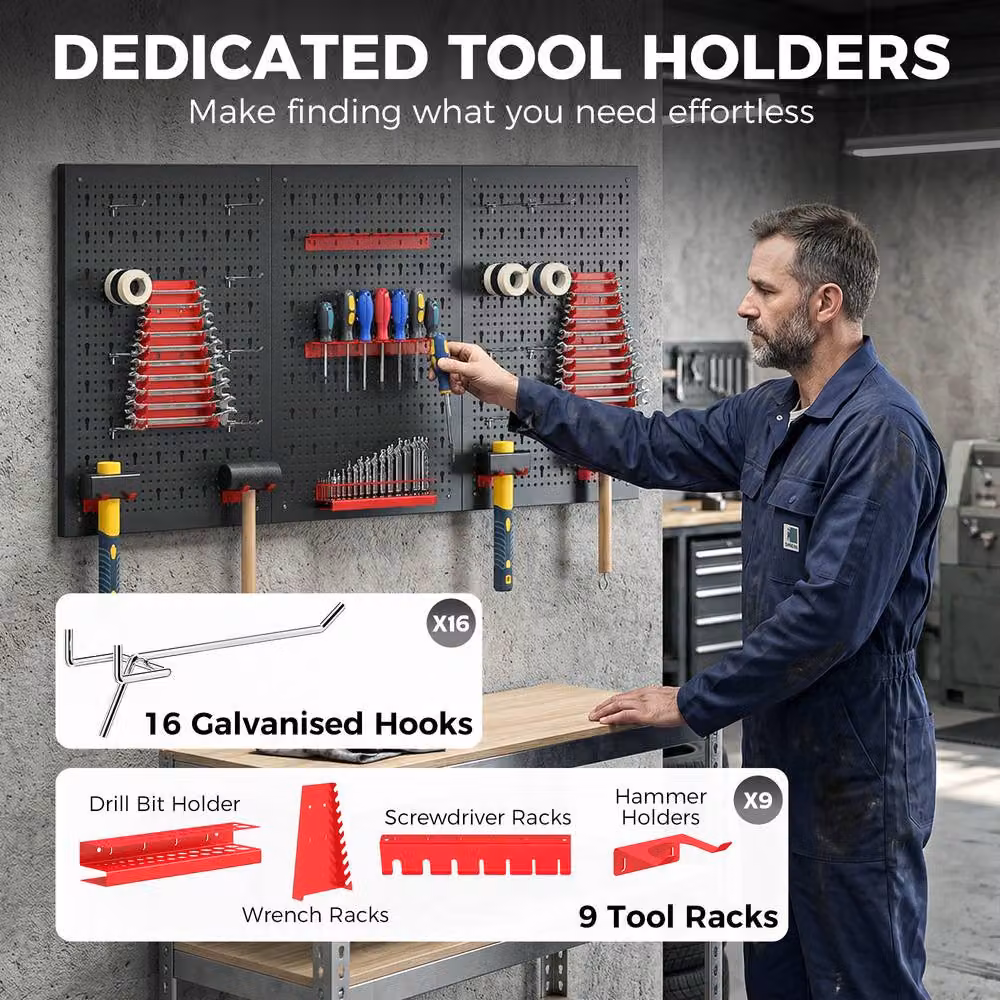 STILVORA Wall-Mounted Steel Tool Storage Organiser with Pegboards in Black, W/H: 120 x 30 cm – 5