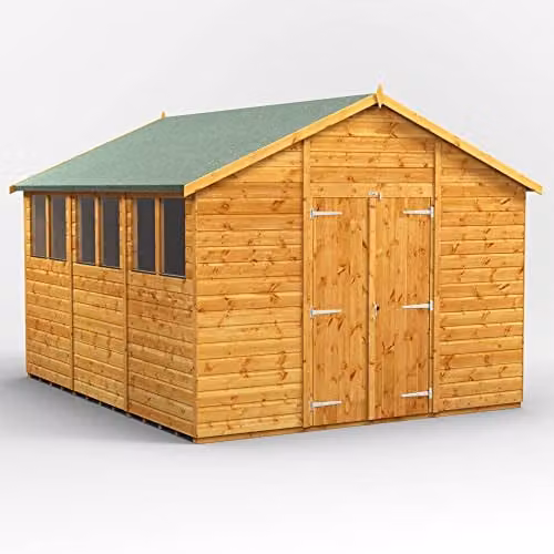 Powersheds Premium Apex Wooden Garden Shed in Natural Brown with Double Doors, 12mm Timber and Toughened Glass Windows