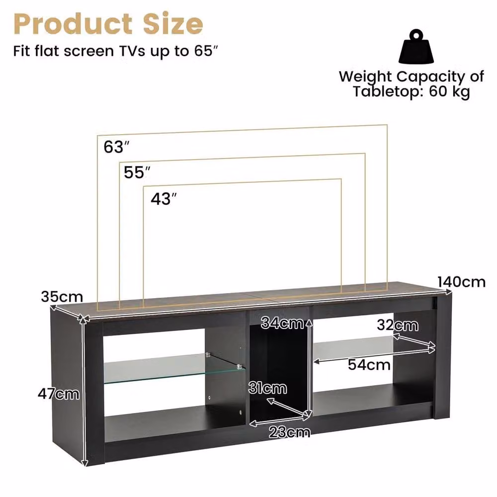 SPETLEK Modern Black TV Stand Entertainment Centre with LED Light and Glass Details W/D/H: 140.0 x 47.0 x 0.6 cm – 2