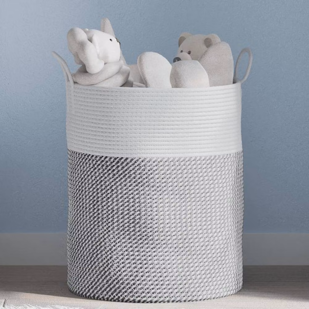 Berkfield Grey and White Open Weave Cotton Storage Basket with Handles, W: 38 cm, H: 46 cm – 2