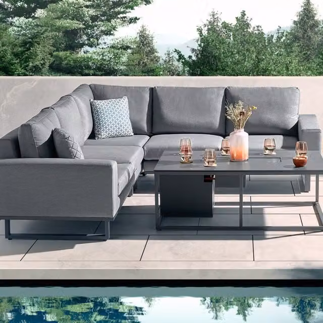 Desser Aruba Outdoor Fabric Corner Sofa with Fire Pit Coffee Table in Grey