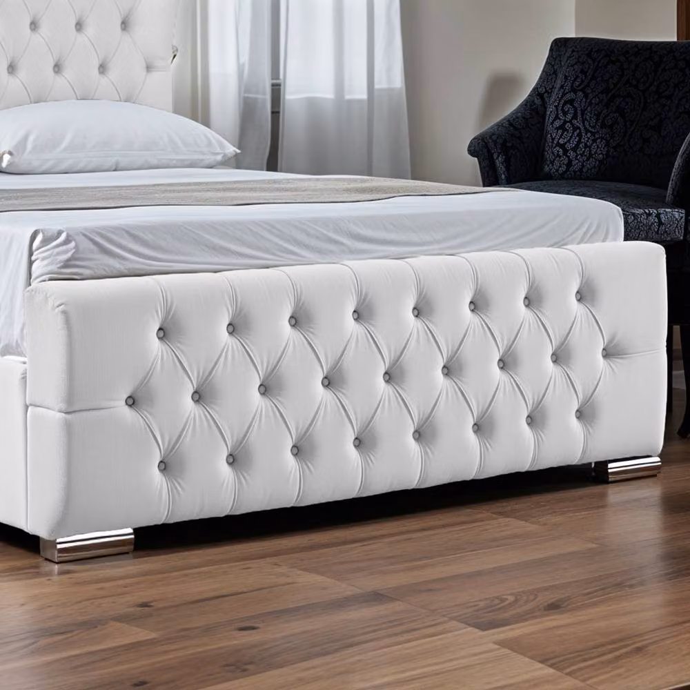 UK Bed Furniture Isabella Upholstered Slatted Base Bed with 48 Inch Wingback Headboard in White, Super King Size (W: 200 cm x D: 200 cm) – 3