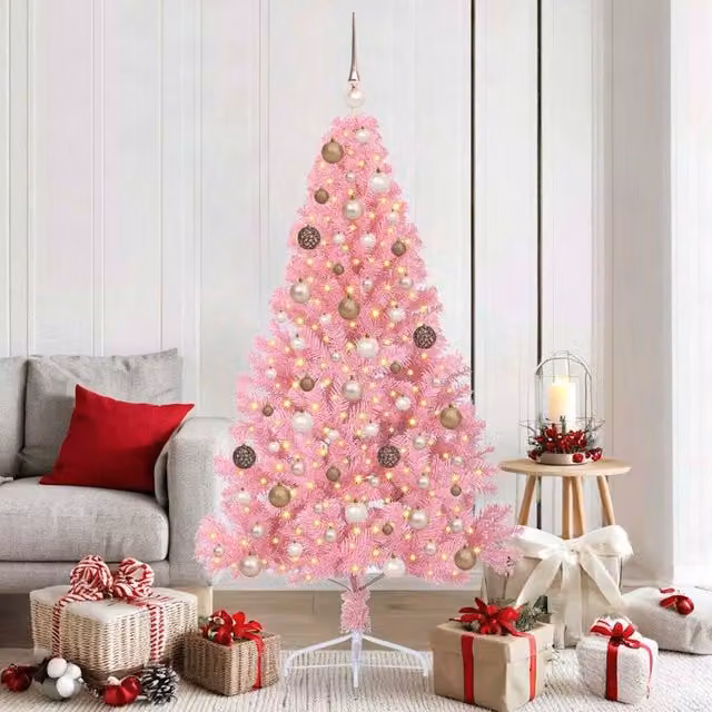 Berkfield Home Artificial Pre-lit Pink Christmas Tree with 300 LEDs, Height: 180 cm