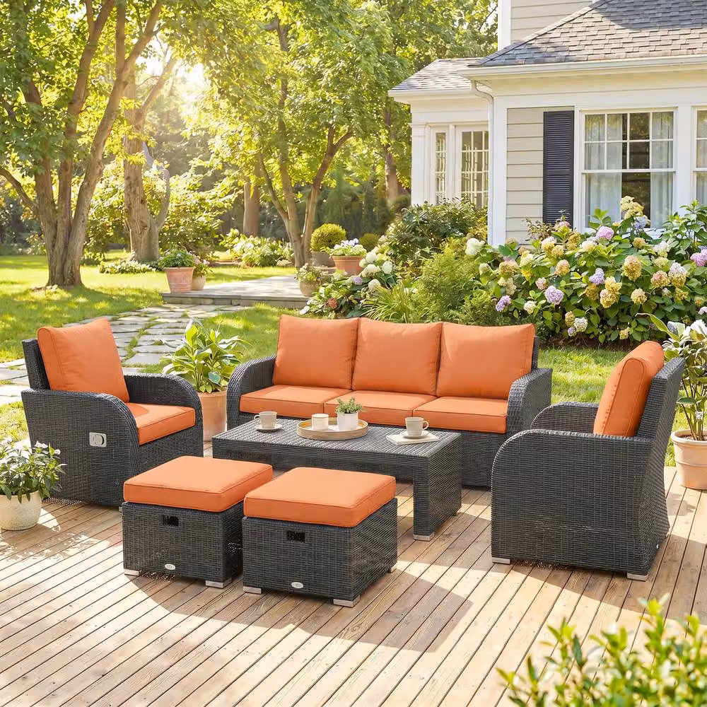 ERGOVEXA Six-piece Rattan Garden Furniture Set with Orange Upholstered Cushions and Powder Coated Steel Frame – 3