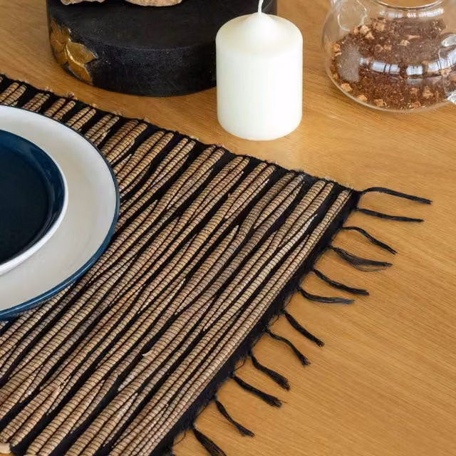 KDMK Handcrafted Water Hyacinth Striped Boho Placemat with Black Tiger Fringe, Black
