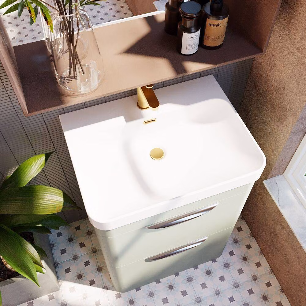 Balterley Wave 600mm Floor Standing 2 Drawer Unit and Ceramic Basin in Satin Green – 3