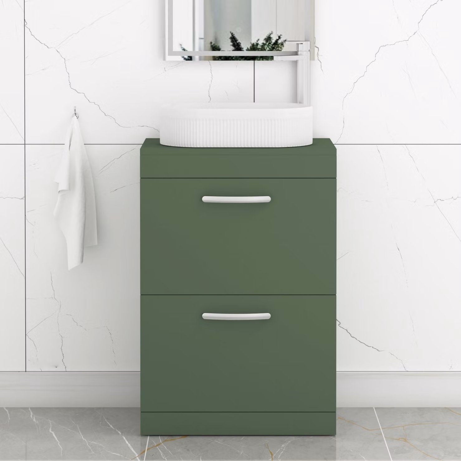 Royal Bathrooms Turin 800mm Floor Standing 2 Drawer Vanity Unit in Matt Green with Lyon Countertop Basin and Matt Black Handles