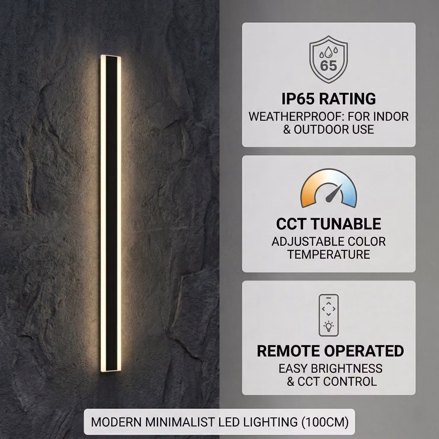 ENER-J Modern Outdoor LED Wall Light, 24W, IP65 Waterproof, CCT Colour Changing and Dimmable with Remote Control, Black, W: 100 cm – 8