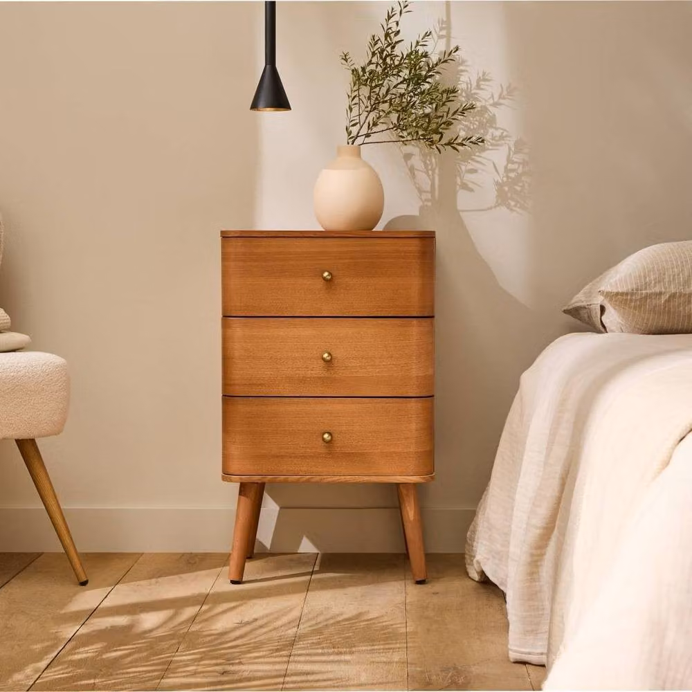 CALICOSY KARL 3-Drawer Bedside Table with Rounded Fronts in Light Brown, Height: 71 cm – 2