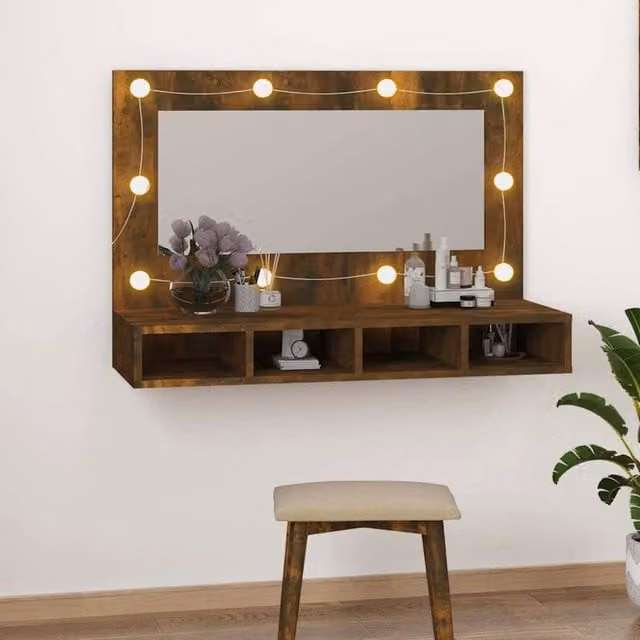Berkfield Home Mirror Cabinet with LED Lighting in Smoked Oak Brown, W/D/H: 90 x 31.5 x 62 cm