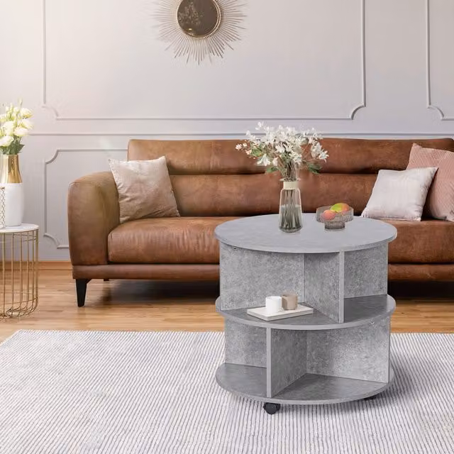 HOMCOM 2 Tier Round Coffee Table with Castors and Divided Shelves, Grey