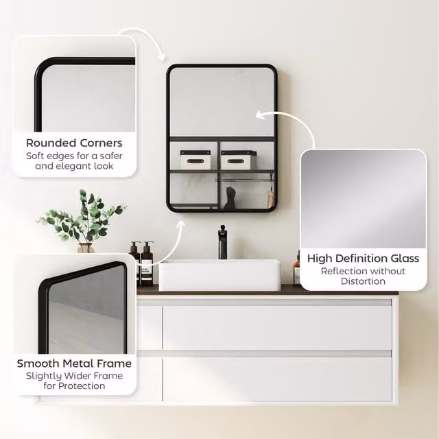 HOMCOM Modern Rectangular Metal Frame Decorative Wall Mirror, Black, H 40.5 x W 30 x D 3 cm