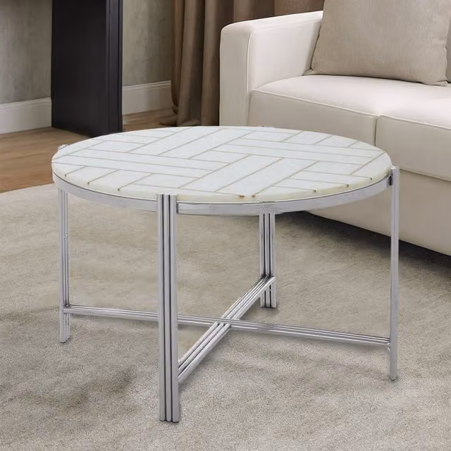 Orsina Round White Marble Top Coffee Table with Silver Finish