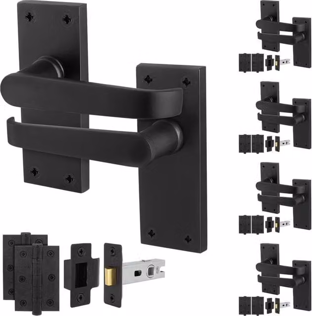 AFIT Matt Black Metal Long Backplate Door Handle and Latch Set, 5 Pairs – 1