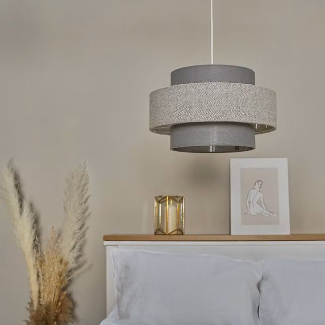 ValueLights Weaver 3 Tier Pair of Grey Fabric Ceiling Pendant Shades