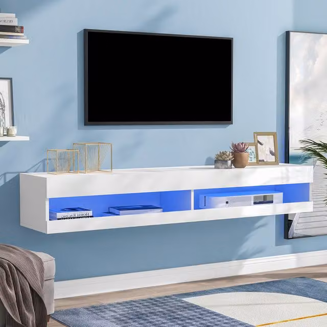 Home Touch Interior Floating TV Stand Media Console with LED Lights, White, W: 140.0 cm, D: 40.0 cm, H: 30.5 cm