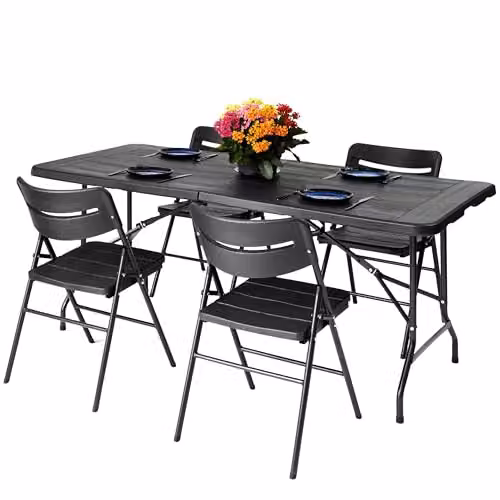 Novecrafto 6ft Folding Table and 4 Folding Chairs Set in Black with Powder Coated Steel Frames and Plastic Surfaces – 7