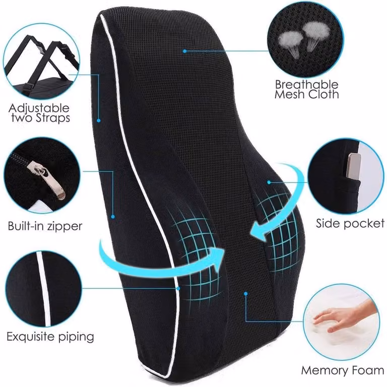 FLAVORA Memory Foam Lumbar Back Support Cushion for Car Seats in Black, W/D/H: 150 x 100 x 1 cm