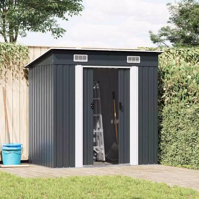Berkfield Home Modern Pent Garden Shed in Anthracite Grey Galvanised Steel with Sliding Doors and Side Vent – 1