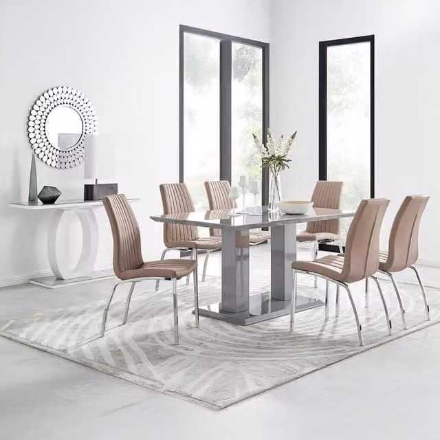 FurnitureboxUK Imperia Grey High Gloss Rectangular Dining Table with 6 Isco Chairs in Cappuccino and Chrome Finish