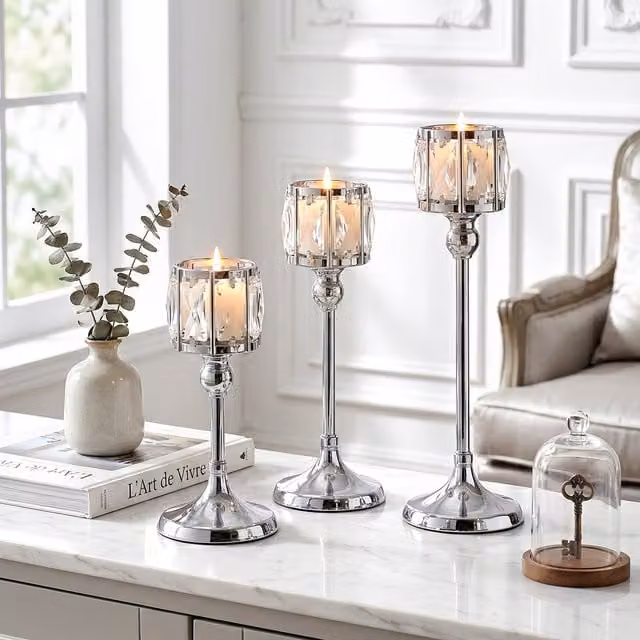 Lifeideas Set of 3 Silver Crystal Votive Candle Holders