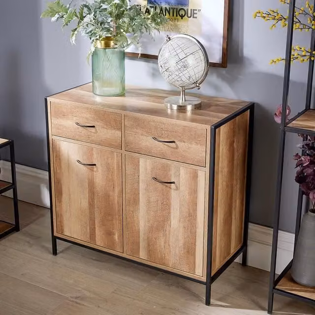 Home Source Compact Sideboard Chest with Drawers in Natural Oak Finish and Black Metal Accents