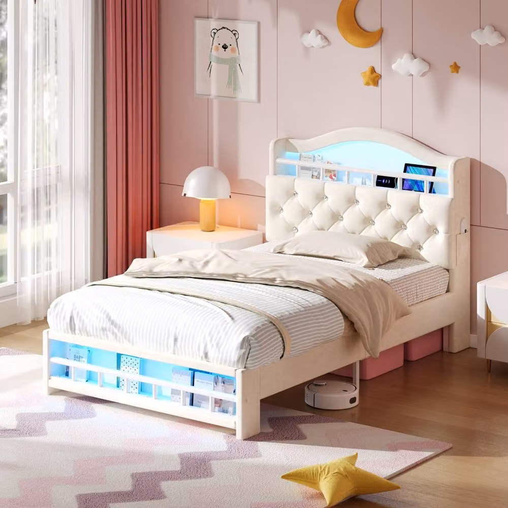 Rolipo Double Velvet Upholstered Bed Frame with LED Lighting, USB Charging Port and Side Storage in Beige – 1