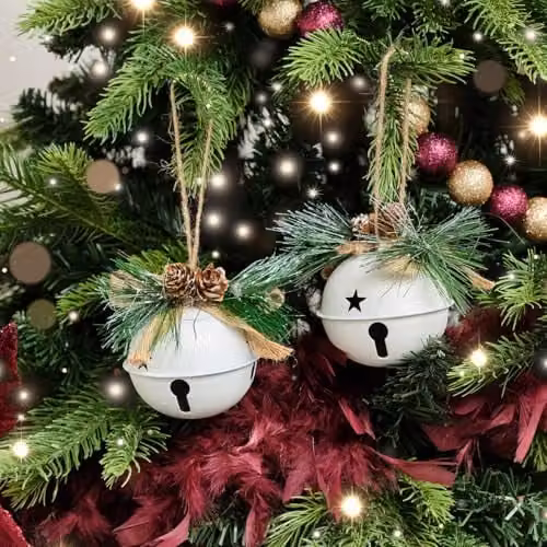 Melody Maison Set of 2 White and Green Christmas Bell Hanging Decorations with Foliage, 8 cm – 1