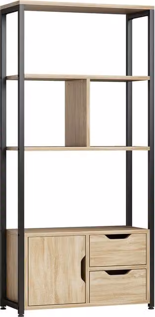 HOMCOM 4-Tier Industrial Bookcase with 1 Cabinet and 2 Drawers in Brown and Black Wood and Metal – 1