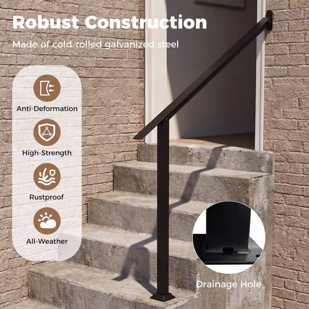 VOGREX Black Galvanised Steel 4-Step Wall Mounted Outdoor Stair Handrail – 3