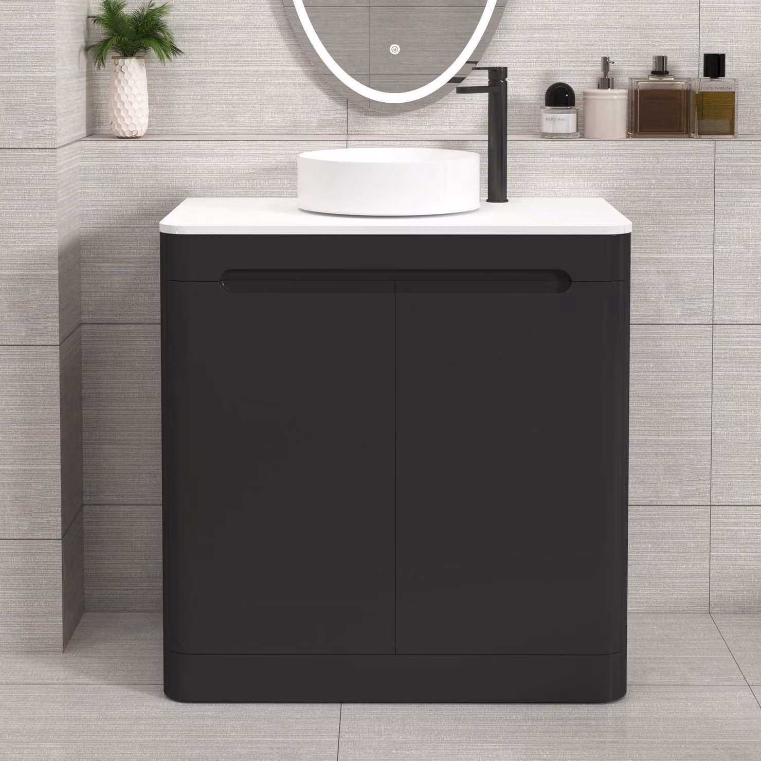Royal Bathrooms Venice 800mm Matt Nocturne Black Floor Standing 2 Door Vanity Unit with Plain White Worktop