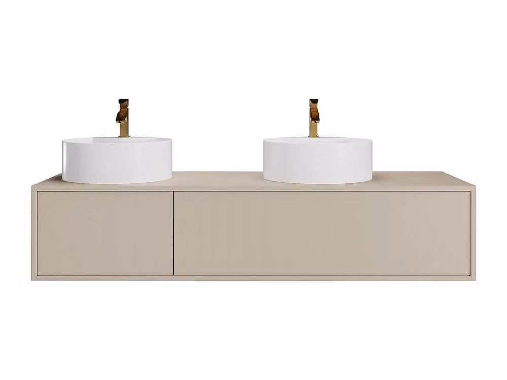 Vente-unique Suspended Beige Bathroom Vanity Unit with Double Round Basins, Width: 150 cm – 2