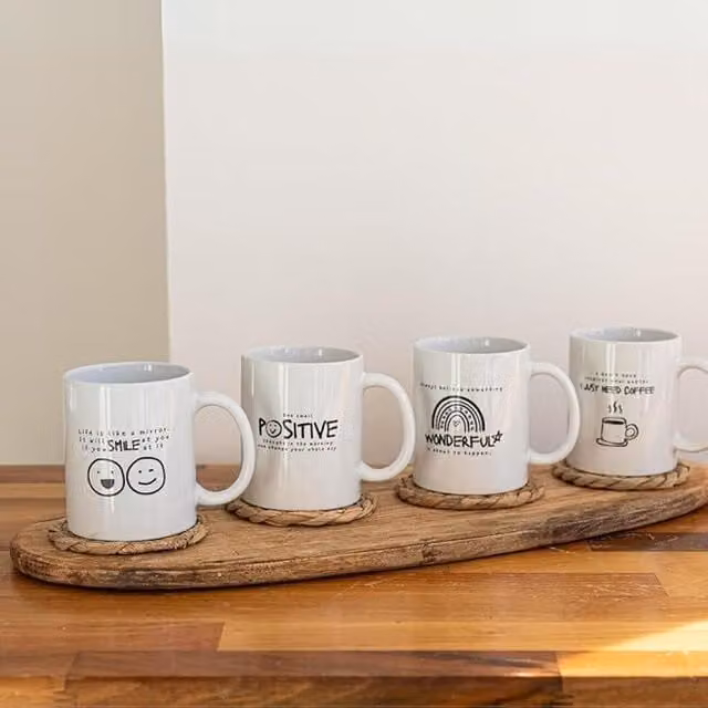 Marco Paul Set of 4 White Ceramic Motivational Quote Coffee and Tea Mugs, 300ml Each