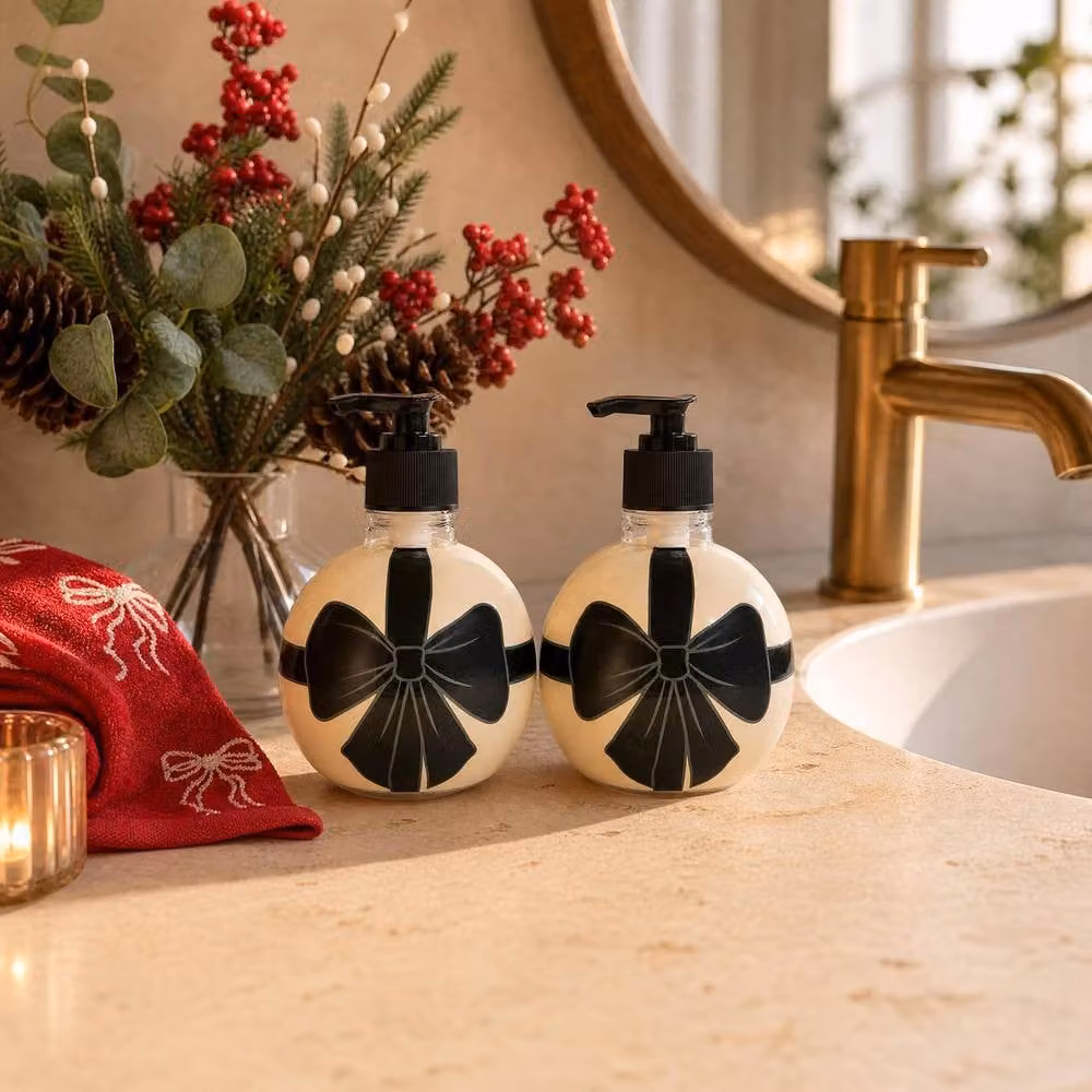OHS 2 Pack Bow Bauble Pump Dispenser Refillable Bottles in Beige – 2