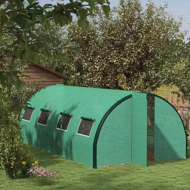 Outsunny Upgraded Walk-in Polytunnel Greenhouse in Green with Double-Wing Windows and Galvanised Steel Frame, 18 m²
