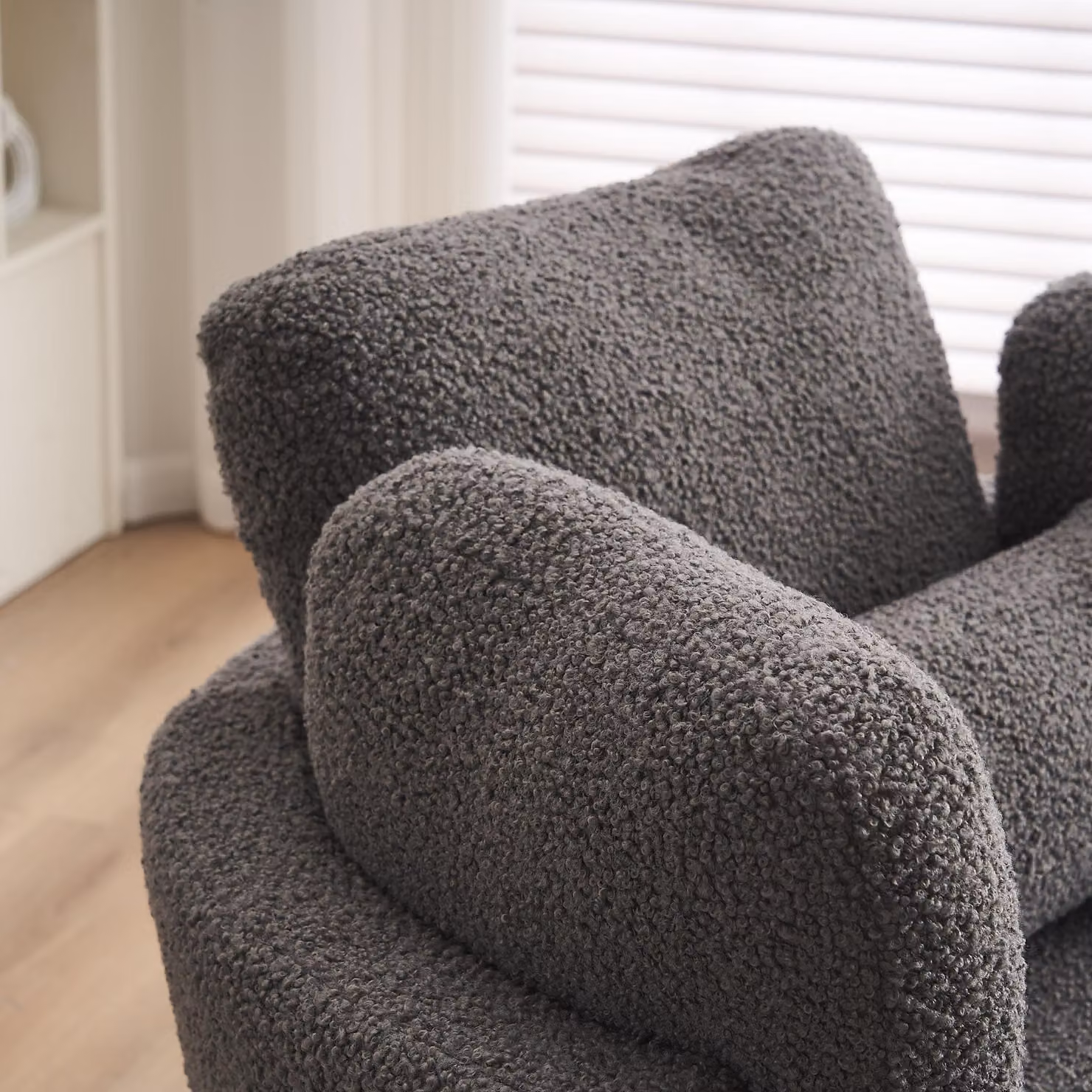 Aosom Teddy 360 Swivel Armchair with 3 Back Cushions and Crescent Ottoman Stool in Medium Grey Bouclé Fabric, W/D/H: 105 x 107 x 82 cm – 3