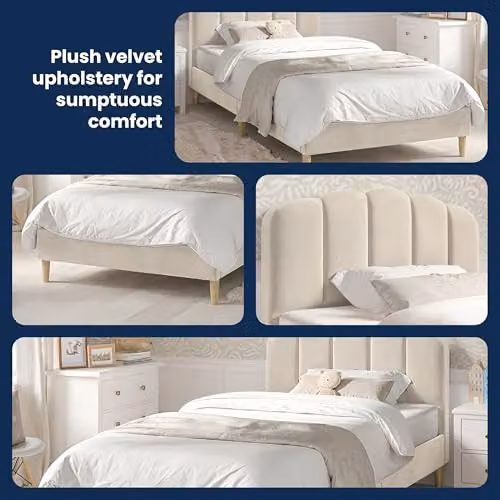 Flair Scallop Upholstered Velvet Bed Frame in Beige, W/D/H: 90 x 190 cm – 2