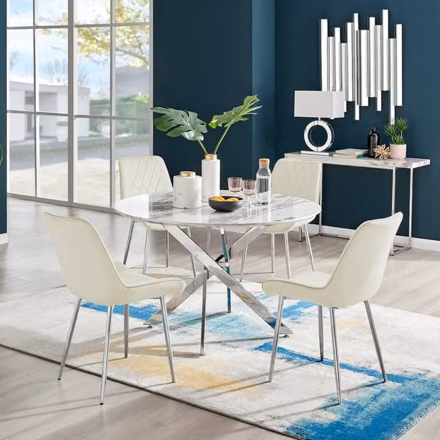 FurnitureboxUK Novara Round White Marble Effect Dining Table and 4 Pesaro Silver Chairs in Cream