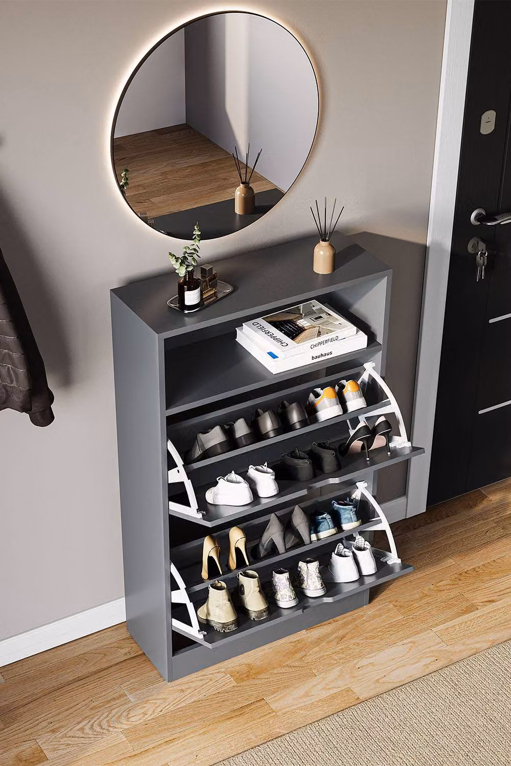 HD Designs Modern Grey 2 Drawer Shoe Cabinet with Tilting Compartments and LED Lighting – 6