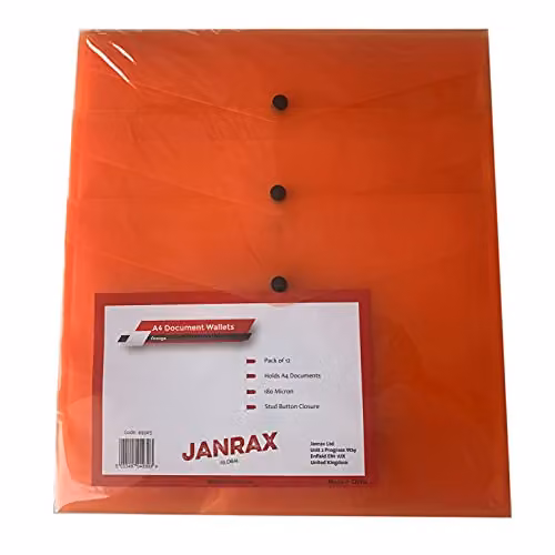 Janrax Pack of 60 Orange A4 Plastic Snap Document Wallets