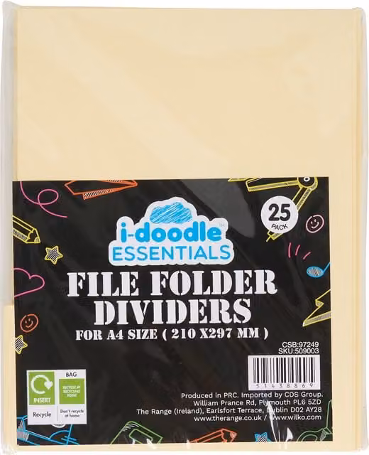 i-doodle essentials Pack of 25 A4 Blank Paper File Folder Dividers in Yellow