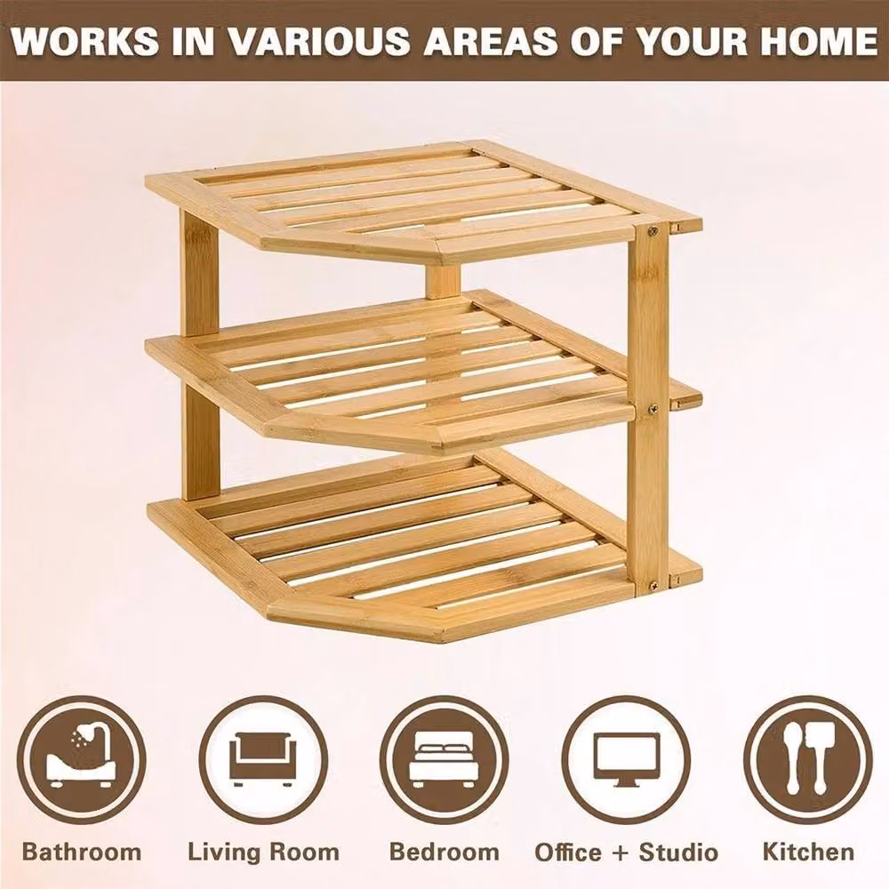 Kelvenix 3-Tier Bamboo Corner Kitchen and Bathroom Organiser Rack in Brown, W/D/H: 15 x 24 x 25 cm – 2