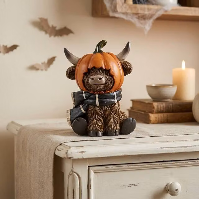 Garden Greatness Highland Cow Sitting in Pumpkin Multicolour Rustic Autumn Halloween Tabletop Decoration