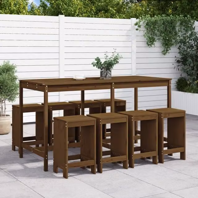 Berkfield Home 9 Piece Rustic Garden Bar Set in Honey Brown Lacquered Solid Pine Wood
