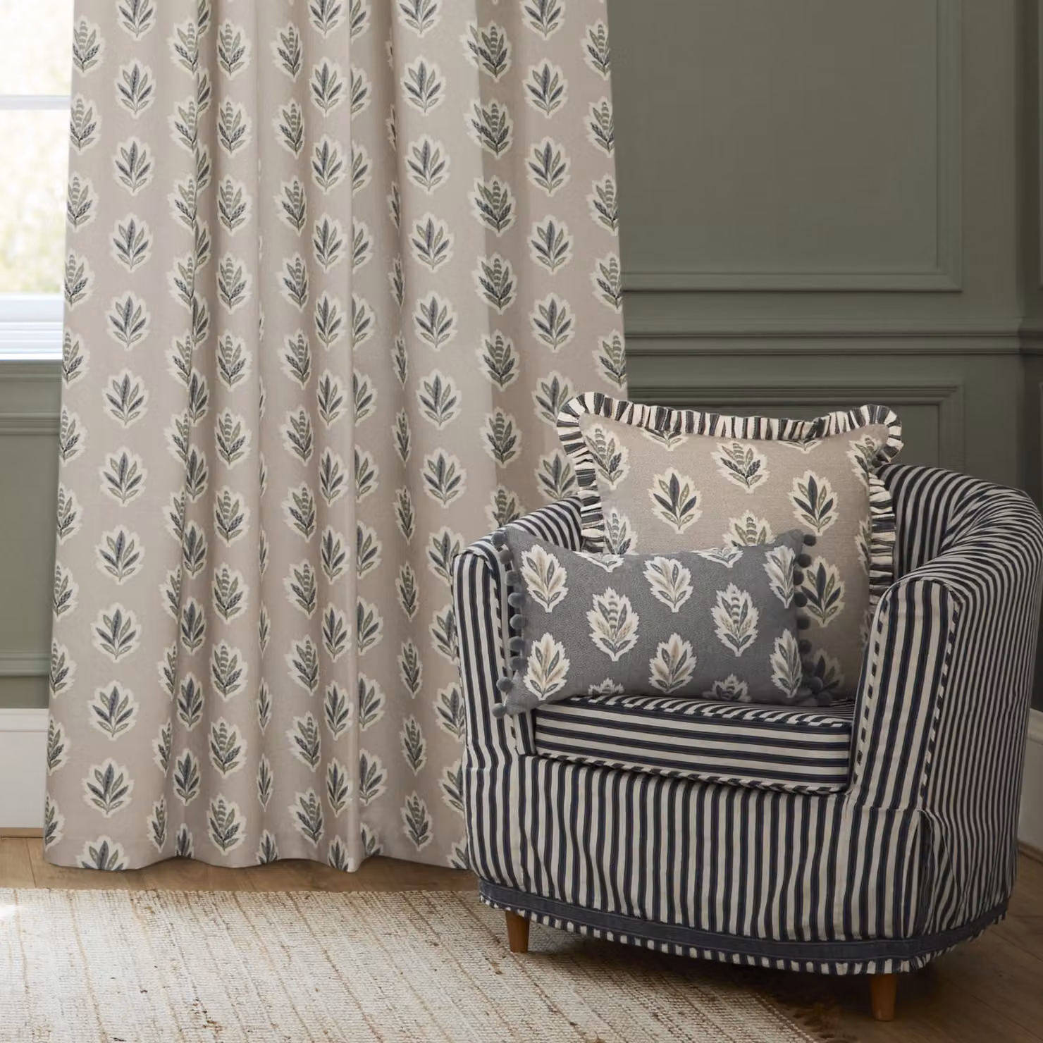 Sanderson Sessile Leaf Printed Pencil Pleat Curtains in Blue, Width: 168 cm, Drop: 183 cm – 2