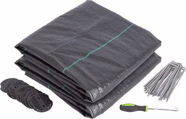 Harbour Housewares 110gsm Weed Control Membrane with Pegs and Plates, Black, 2 Rolls (4m x 5m Coverage)