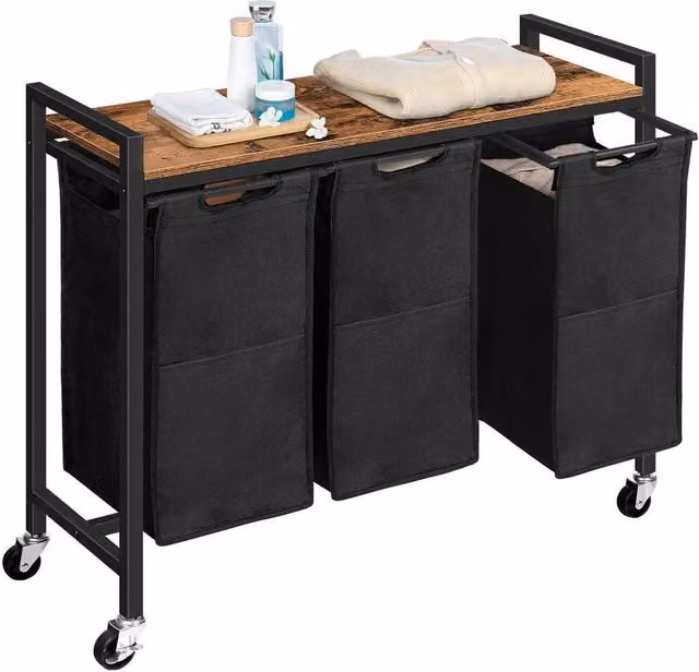 NESTLUNE 3-Compartment Laundry Sorter Basket with Removable Bags in Black