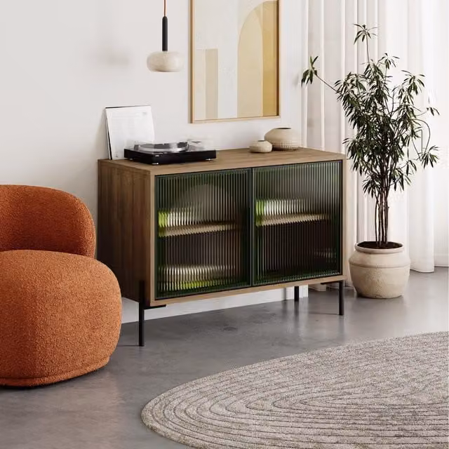Decortie Modern Sideboard Cabinet with Green Glass Doors in Dark Brown and Black