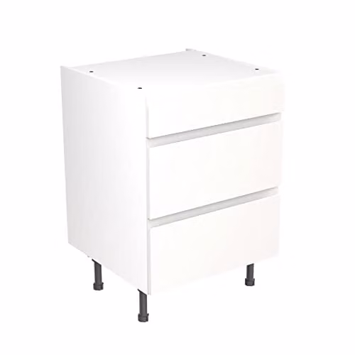 Kitchen Kit White Matt Flatpack Base Cabinet with 3 Internal Drawers and J-Pull Doors, W: 60 cm, H: 87 cm