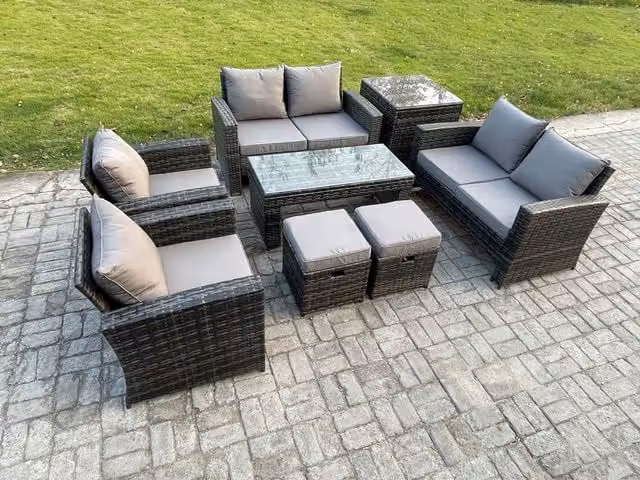 Fimous 8 Seater Dark Grey High Back Rattan Garden Furniture Set with Coffee Table and Love Seat